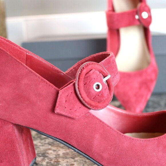 Wine Color Suede Heels by Mark Fisher, Carney Pumps.  8.5 M.  3" Block Heels - Picture 3 of 13